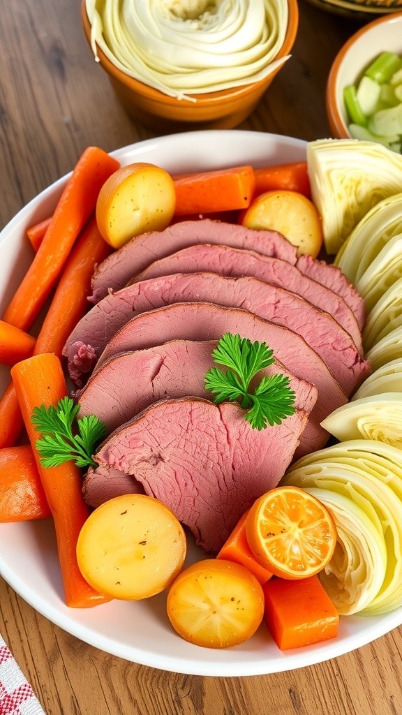 Sliced corned beef with carrots, potatoes, and cabbage on a rustic table.